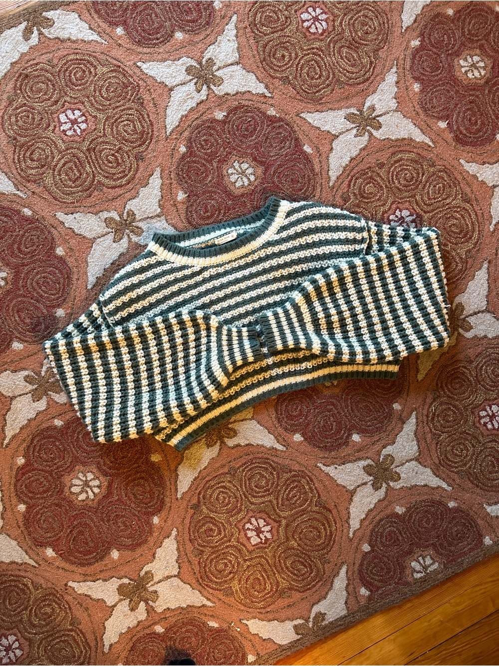 Striped Crewneck Women's Sweater in Green and Cream